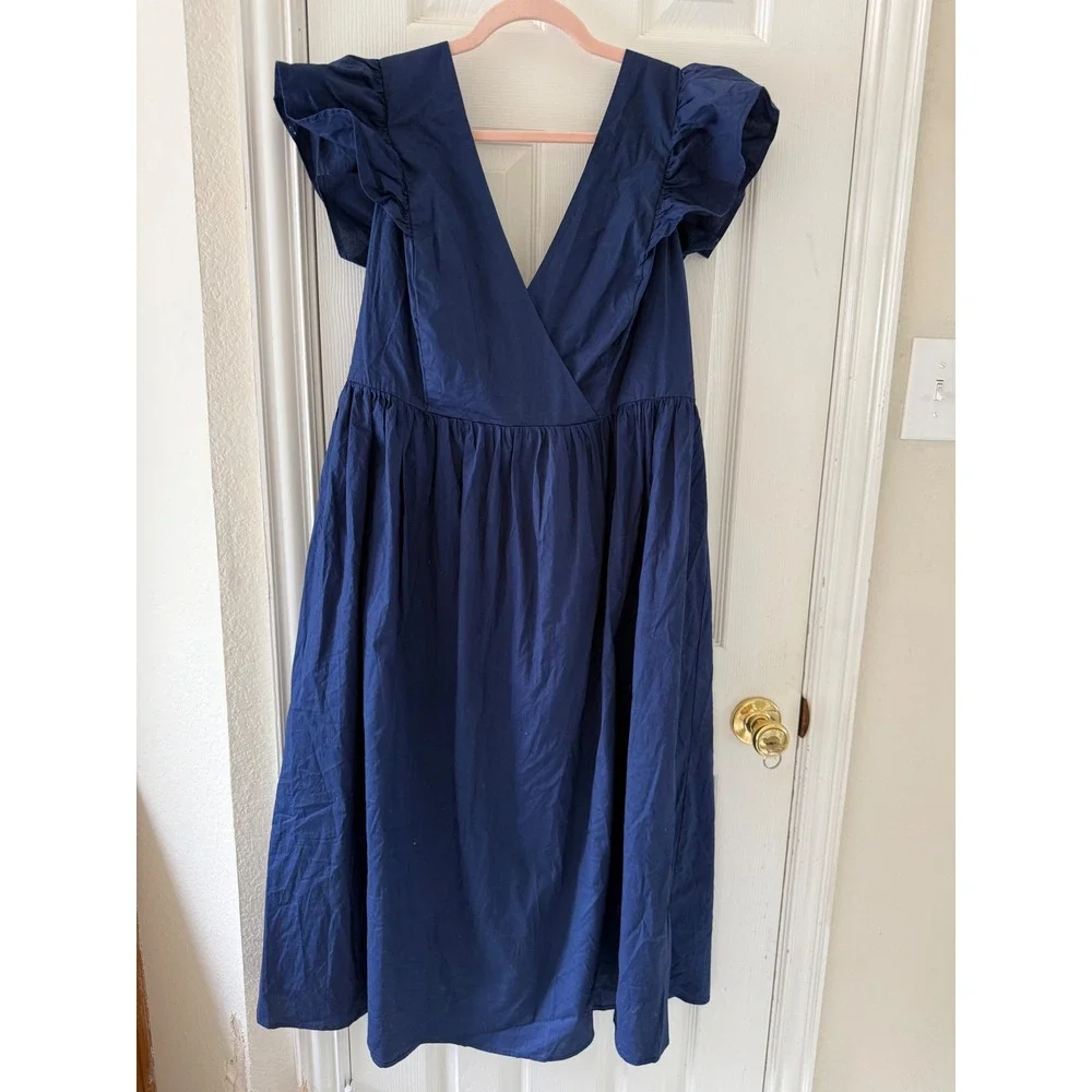 Eloquii Elements Coastal Romantic Navy Midi Dress Ruffle‎ Sleeve Tie Back 14
